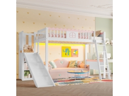 Cama alta, cama de solteiro (sem colchão), cama de criança, com luzes LED, com prateleiras, com escorregador, certificação EN747, madeira de pinho, 9