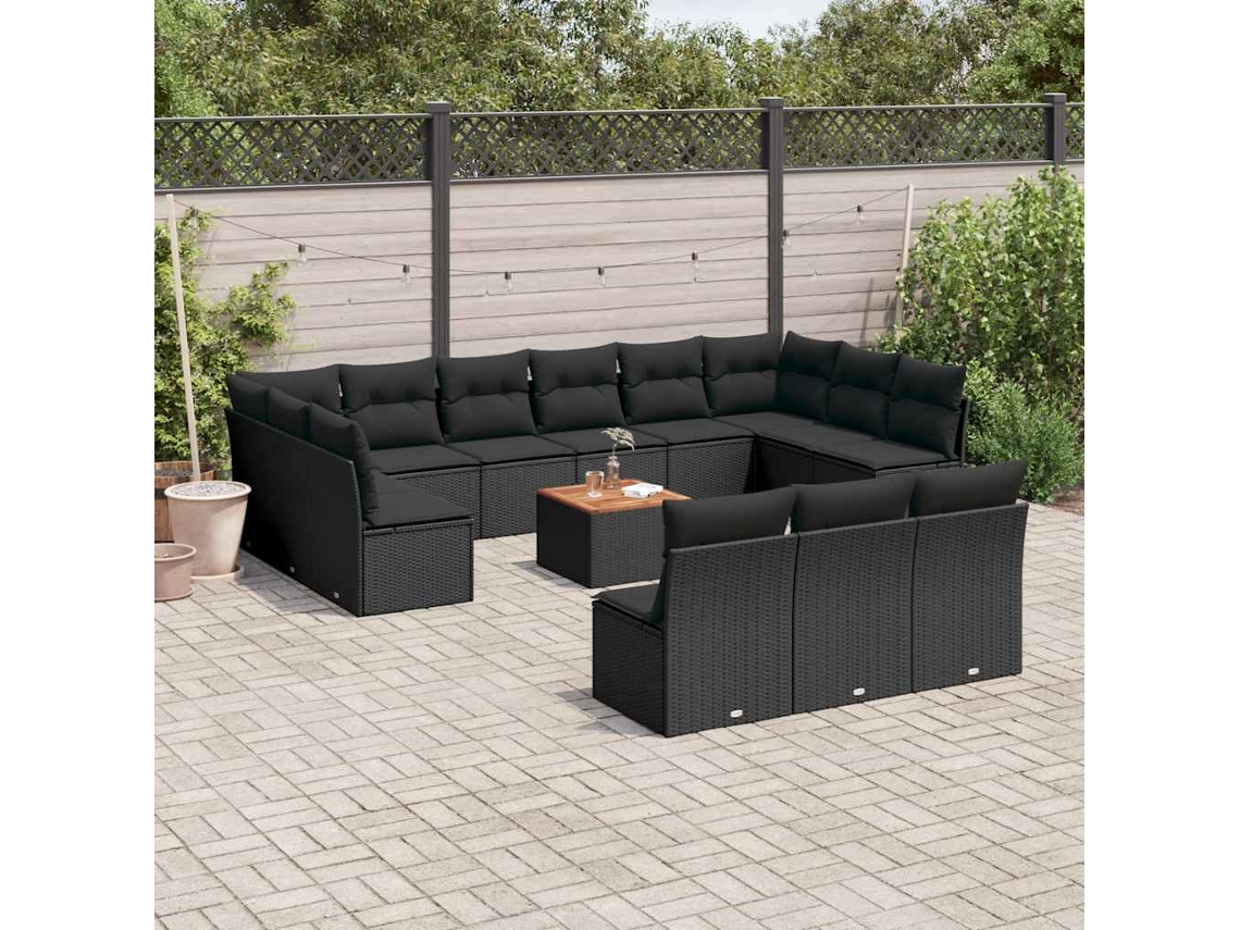 Vidaxl 14 Pcs Conjunto De Sofás P/ Jardim C/ Almofadões Vime Pe Preto