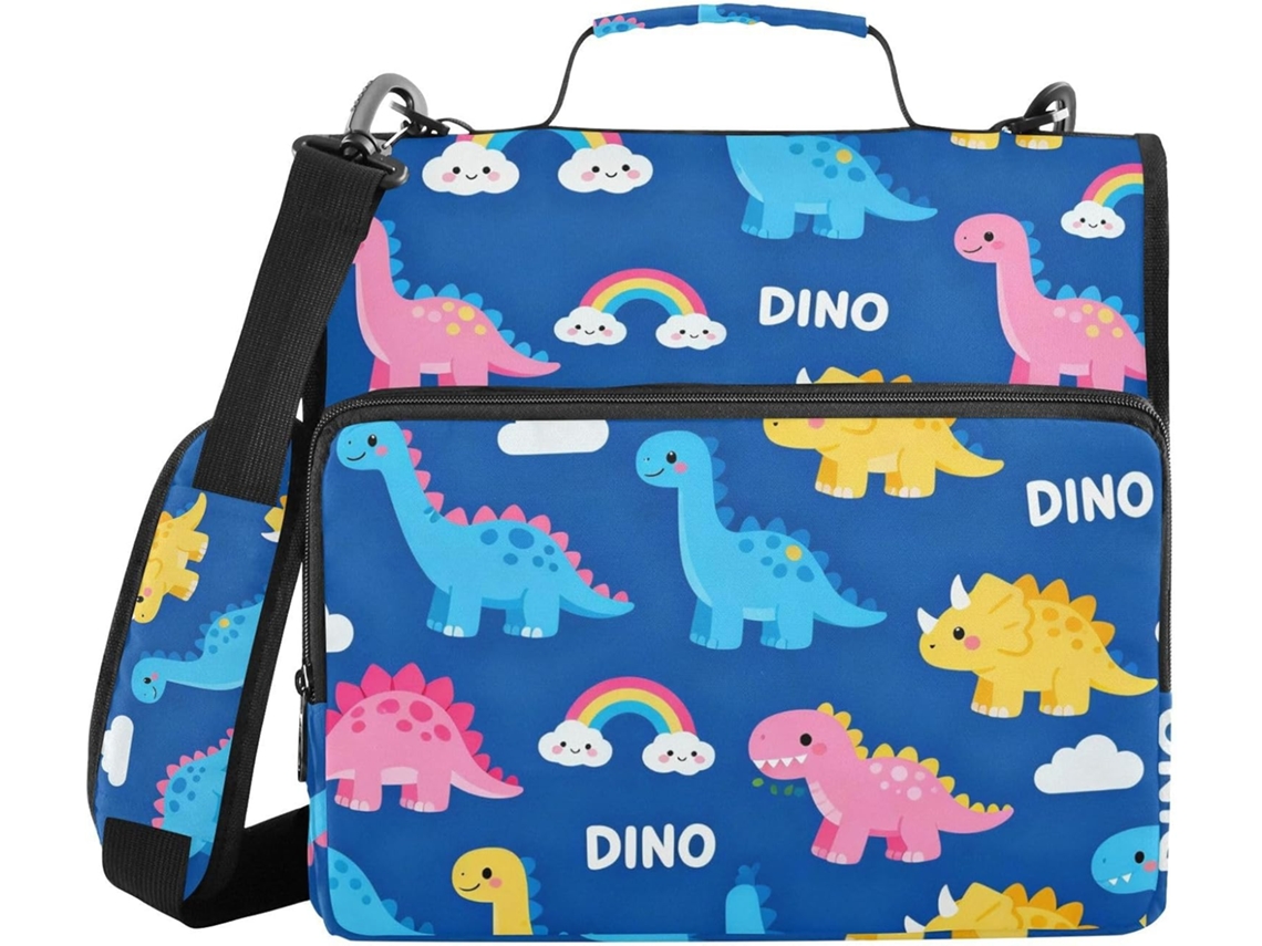 Pasta organizadora de 3 argolas com estampa de dinossauro e arco-íris, com alça, para diversas bolsas, ideal para estudantes.