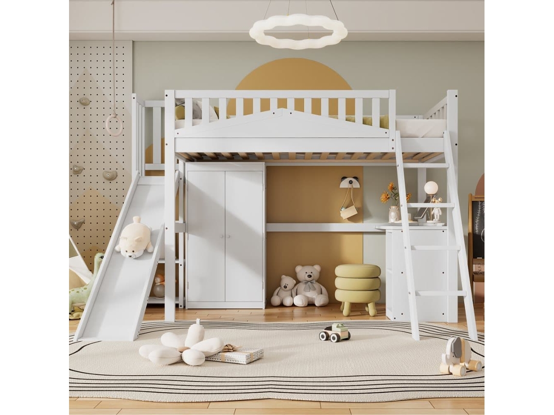 Cama Alta De Madeira 90x200 Cm - Com Secretária + Roupeiro + Escorrega - Branco