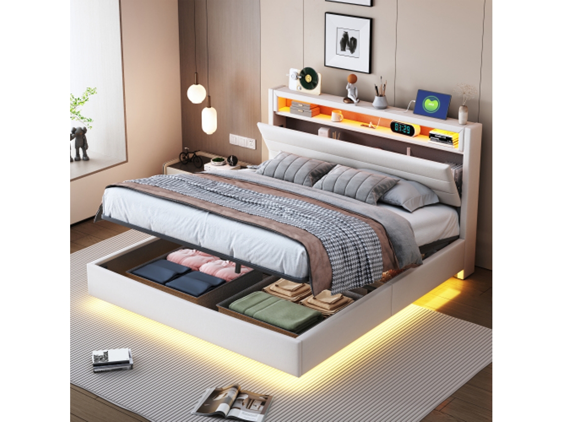 Cama Estofada 140x200 Cm, Estrado Hidráulico Flutuante Com Espaço De Arrumação, Cama Estofada Multifuncional Com Tomada Usb E Luz Led, Cabeceira Reve