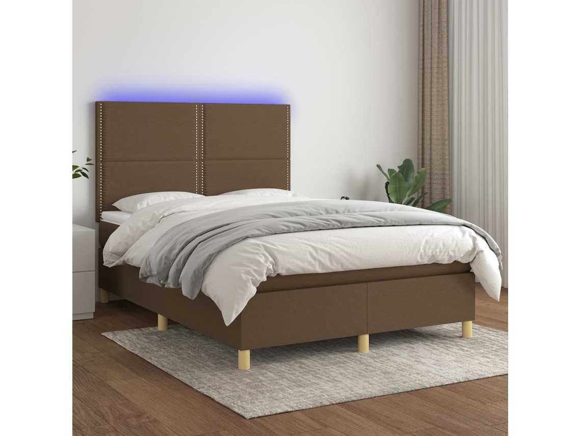 Cama Box Spring C/ Colchão/led 140x190cm Tecido Castanho-escuro