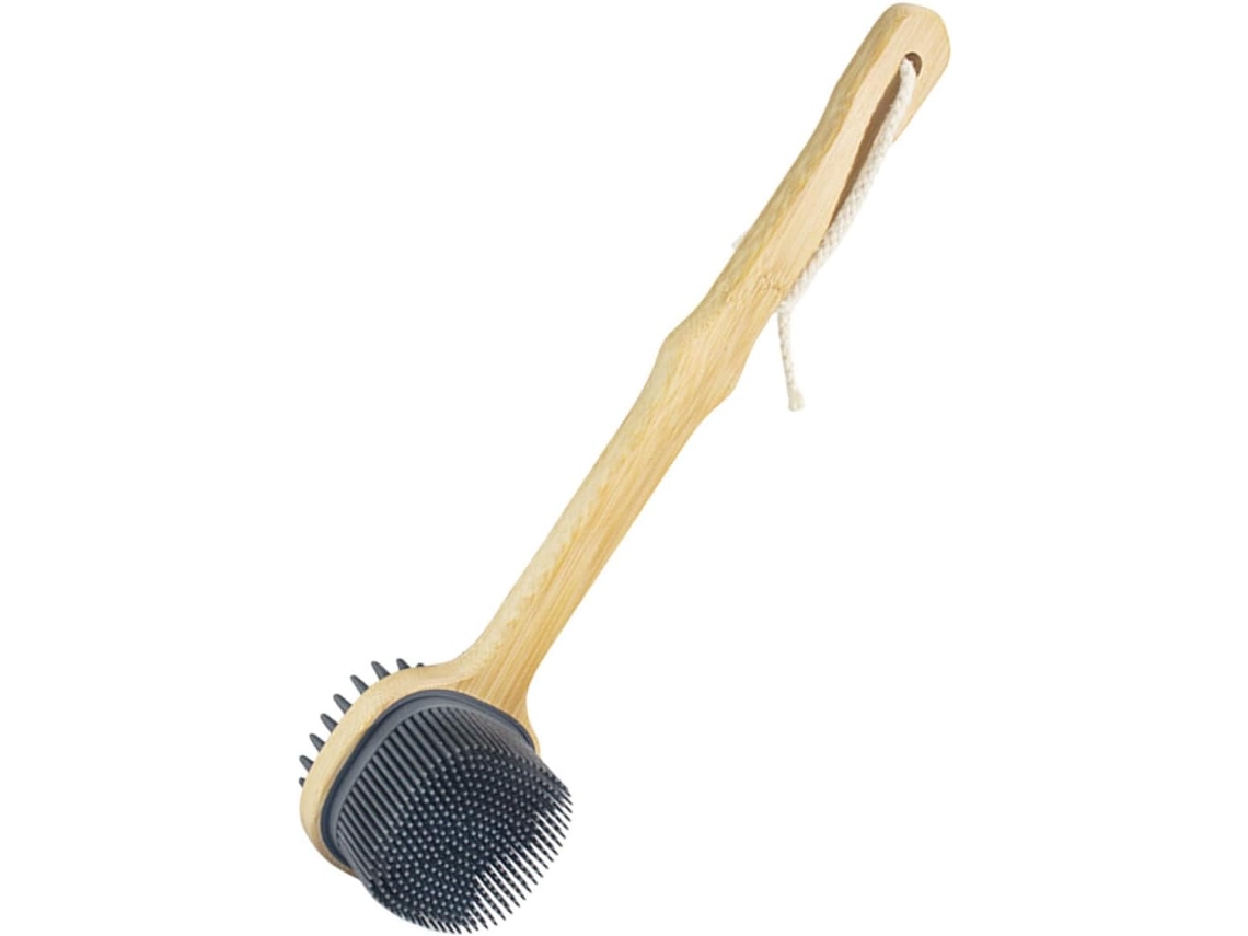 Escova De Banho Silicone Bege Com Cabo Longo Bambu Para Esfoliação Completa Do Corpo E Fácil Limpeza, Com Prático