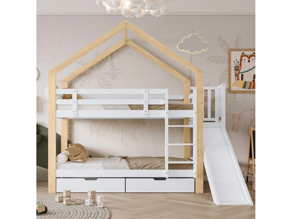 Beliche Com Escorregador E Escada Angular, Cama Casa Com Proteção E 2 Gavetas, Maciço, Branco+natural, 90x200cm
