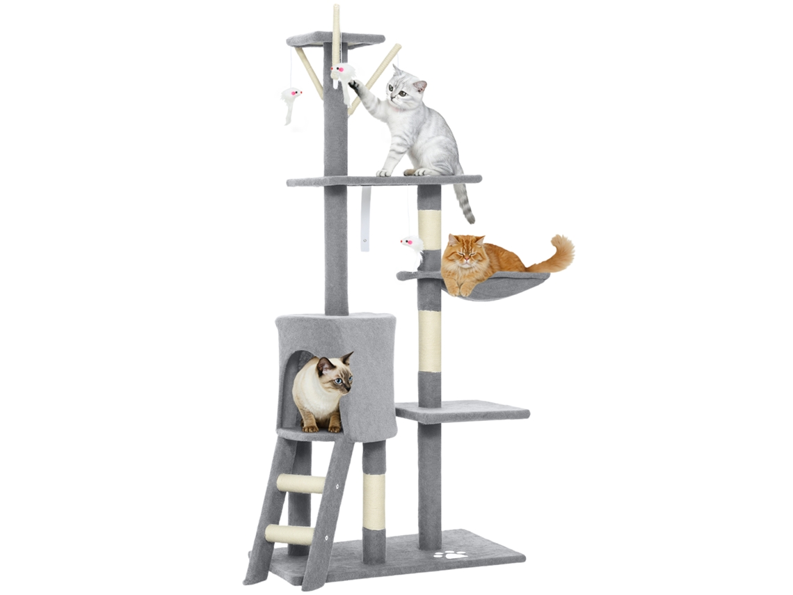 Arranhador de Gato com Caverna, Plataformas, Rato de Brinquedo, Rede e Postes de Sisal 60x35x134cm