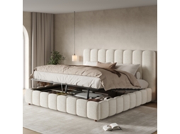 Cama casal 200x200cm bouclé branco, hidráulica, base ripas, cabeceira estofada, armazenamento GE | S/MARCA