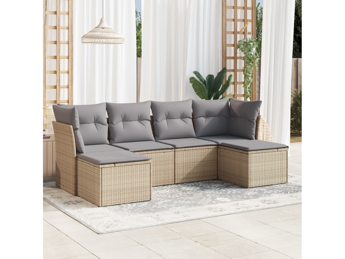 Vidaxl 6 Pcs Conjunto De Sofás P/ Jardim Com Almofadões Vime Pe Bege