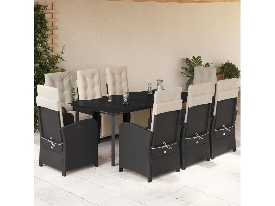 Vidaxl 9 Pcs Conjunto De Jantar P/ Jardim C/ Almofadões Vime Pe Preto
