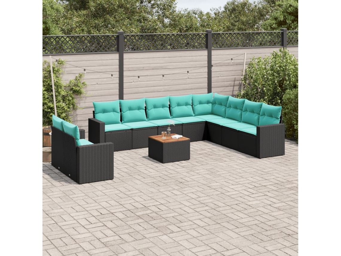 Vidaxl 11 Pcs Conjunto Sofás De Jardim C/ Almofadões Vime Pe Preto