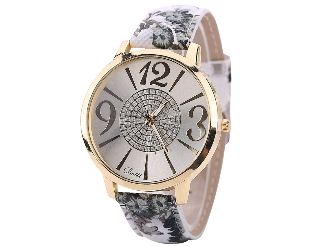 Relógio de Pulso Feminino de Cinta Pu com Estampa Floral e Mostrador Grande Cinza Aço