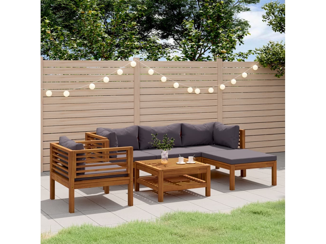Conjunto Lounge Jardim 6 Peças C/ Almofadões Acácia Maciça Dkd Home Decor