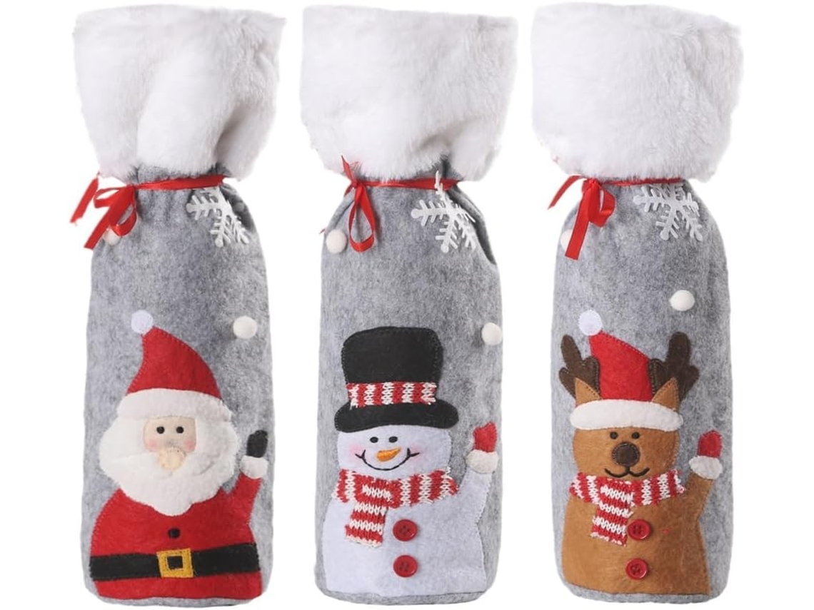 Conjunto de 3 capas decorativas para garrafas de vinho para a decoração de Ano Novo.