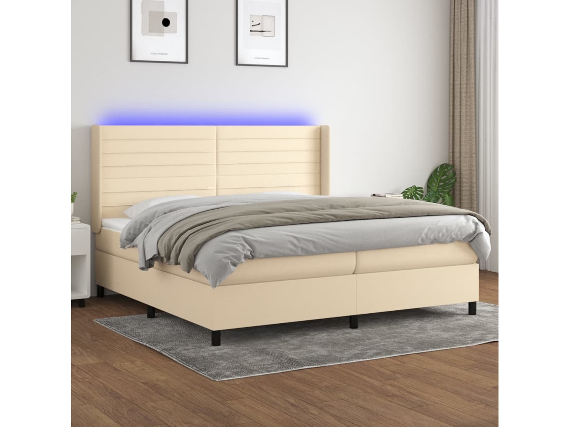 Vidaxl Cama Box Spring C/ Colchão E Led 200x200 Cm Tecido Cor Creme