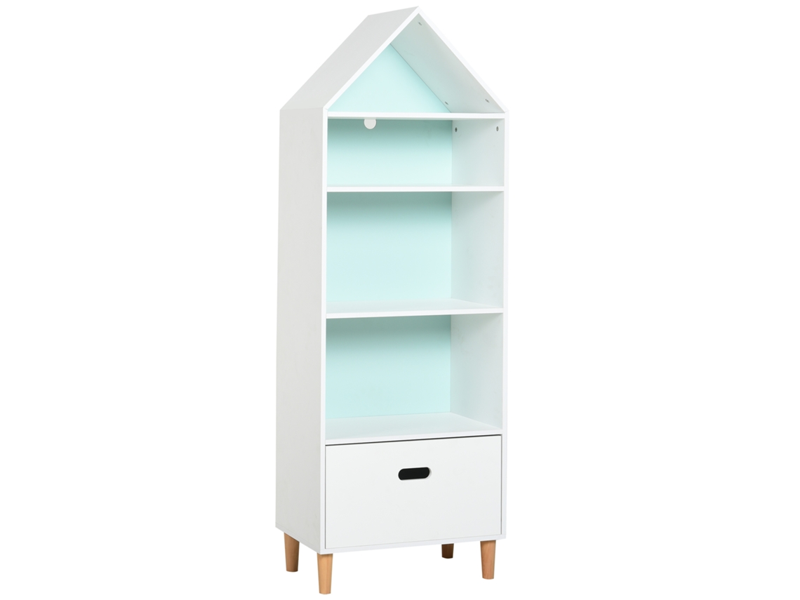 Prateleira Da Estante De Livros Para Quartos De Crianças E Adolescentes, 1 Gaveta E 4 Prateleiras, Branco E Azul Claro 50x30x142cm