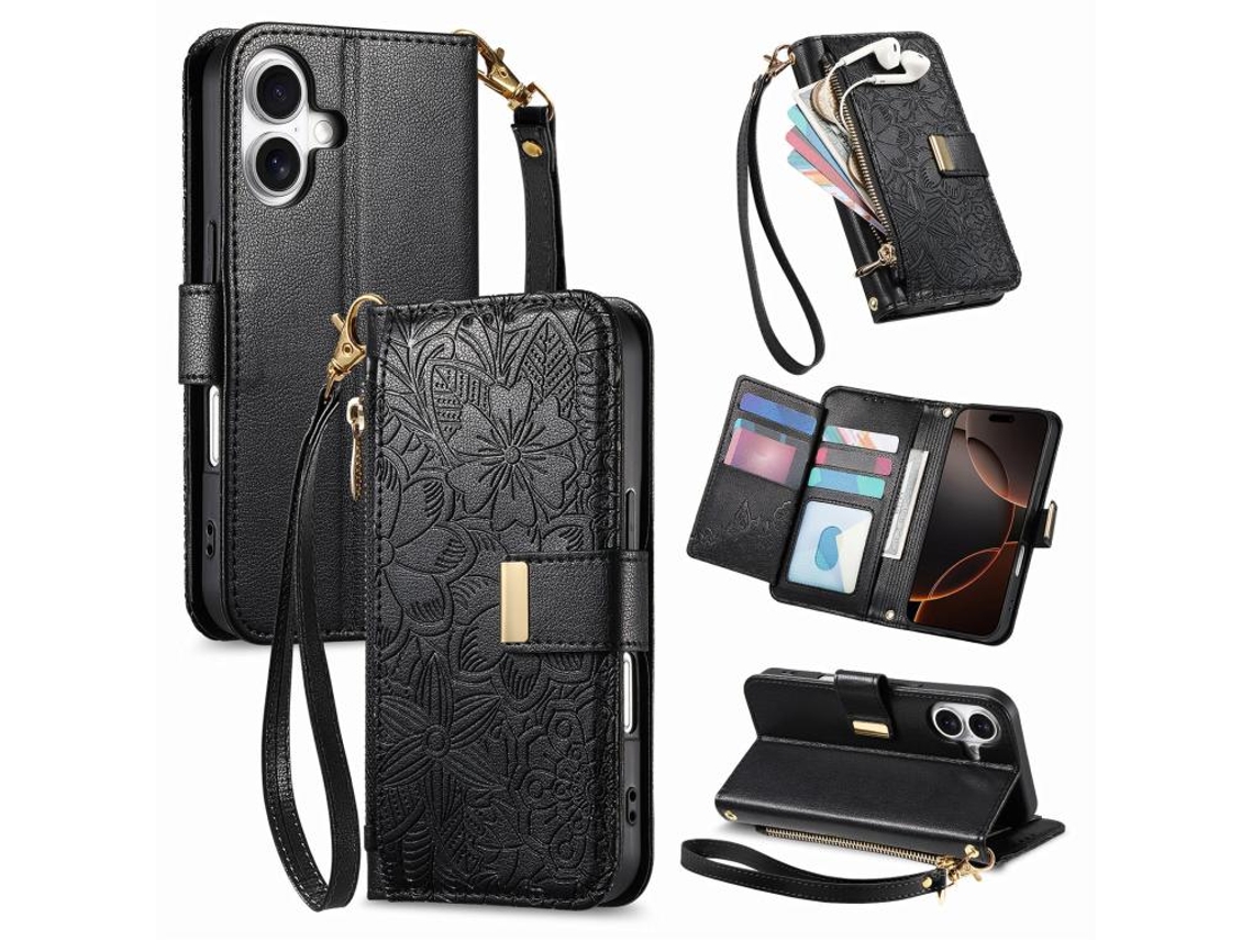 Capa Para Iphone 17 Em Couro Com Estampa De Flores E Folhas E Alça.