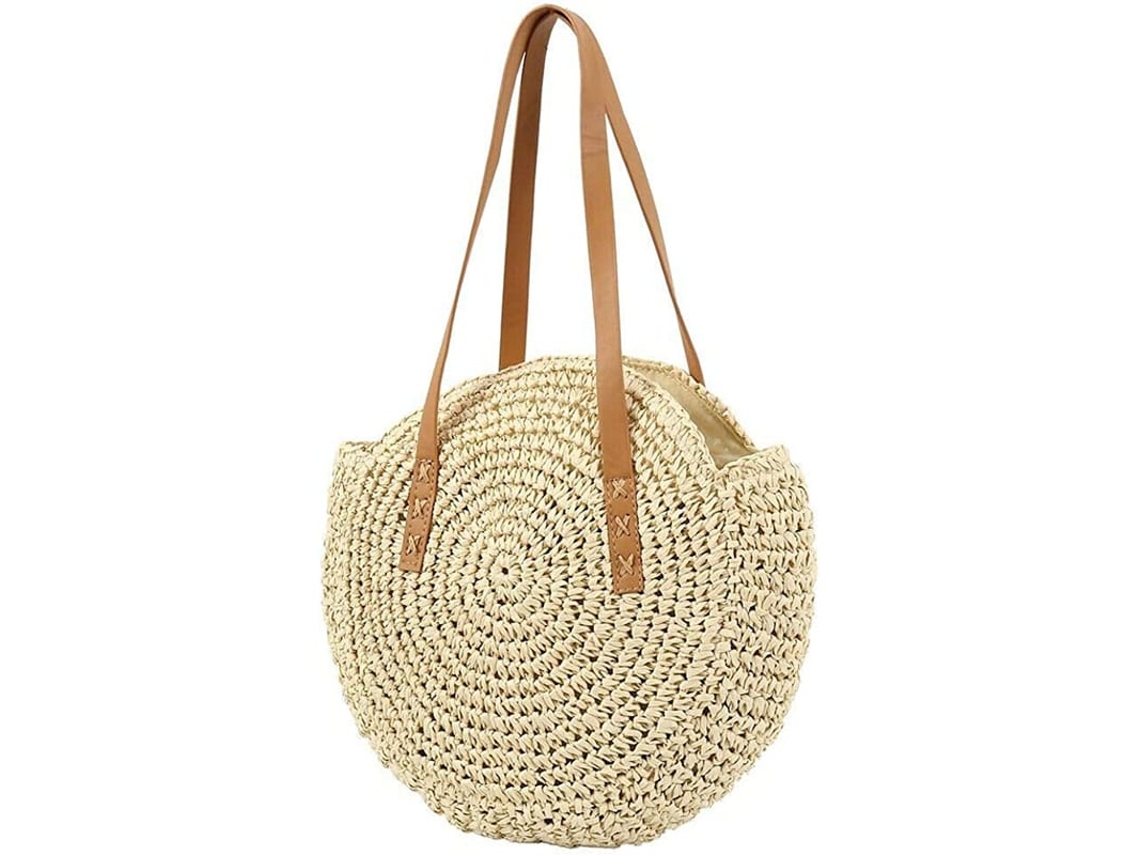 Bolsa De Palha Redonda Com Alça De Couro, Tiracolo Com Zíper, Grande Capacidade Para Praia Verão
