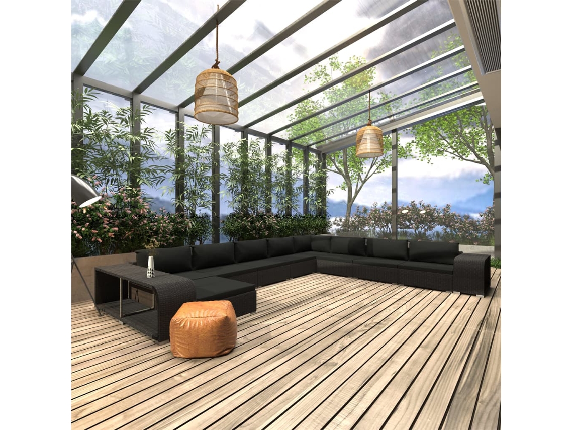 Vidaxl 11 Pcs Conjunto Lounge De Jardim C/ Almofadões Vime Pe Preto