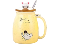 Taza De Cerámica Gatita Bonita Con Cuchara Acero Inoxidable Y Tapa, Taza De Café Té 380ml Para Amantes De Gatos