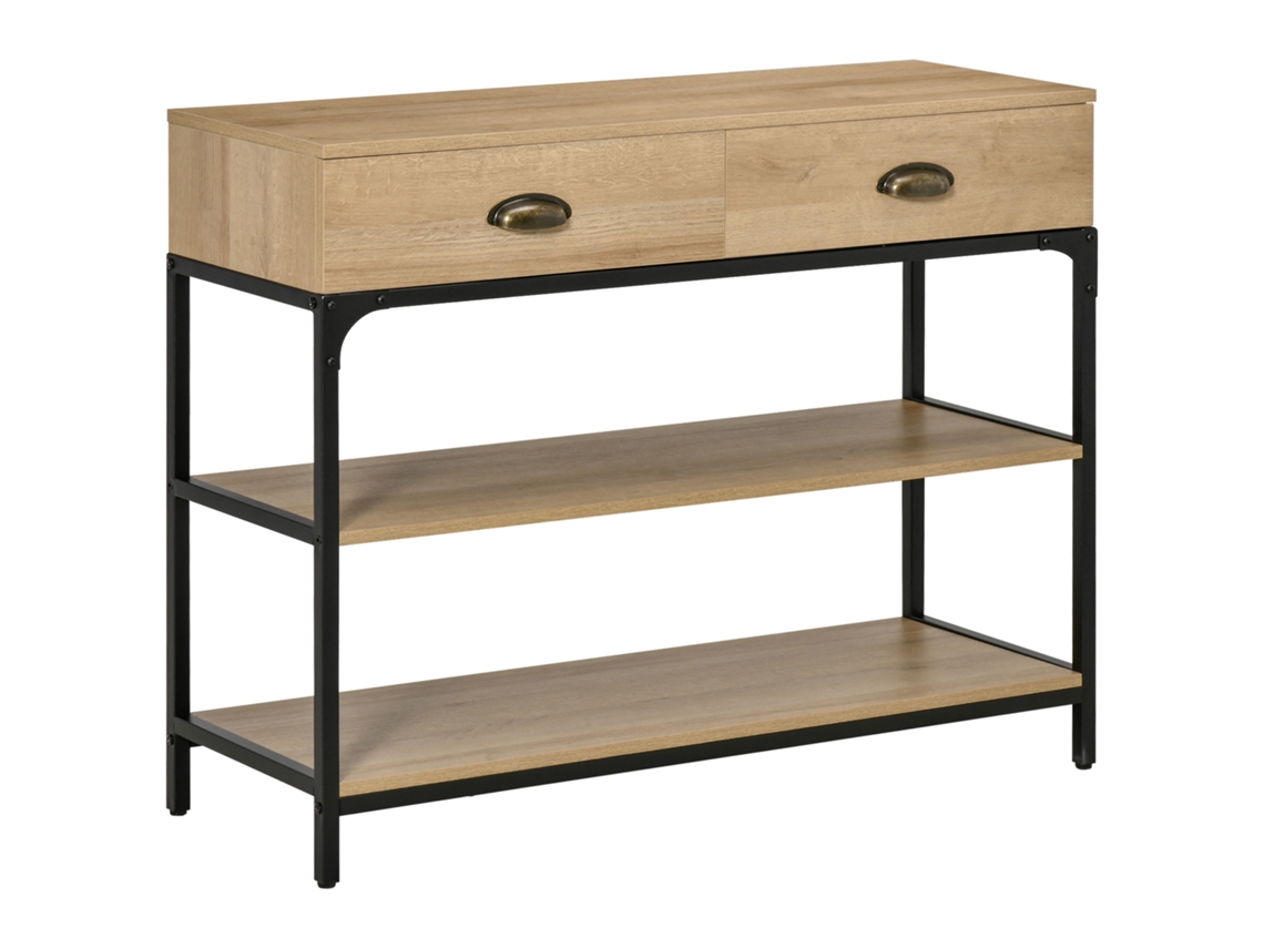 Mesa Consola Estreita Com 2 Gavetas E 2 Prateleiras Estrutura De Aço Para Entrada Sala De Estar 100x35x79,5cm Carvalho E Preto