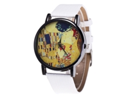 Relógio de pulso de quartzo para casais com pulseira de couro PU, mostrador redondo, branco.