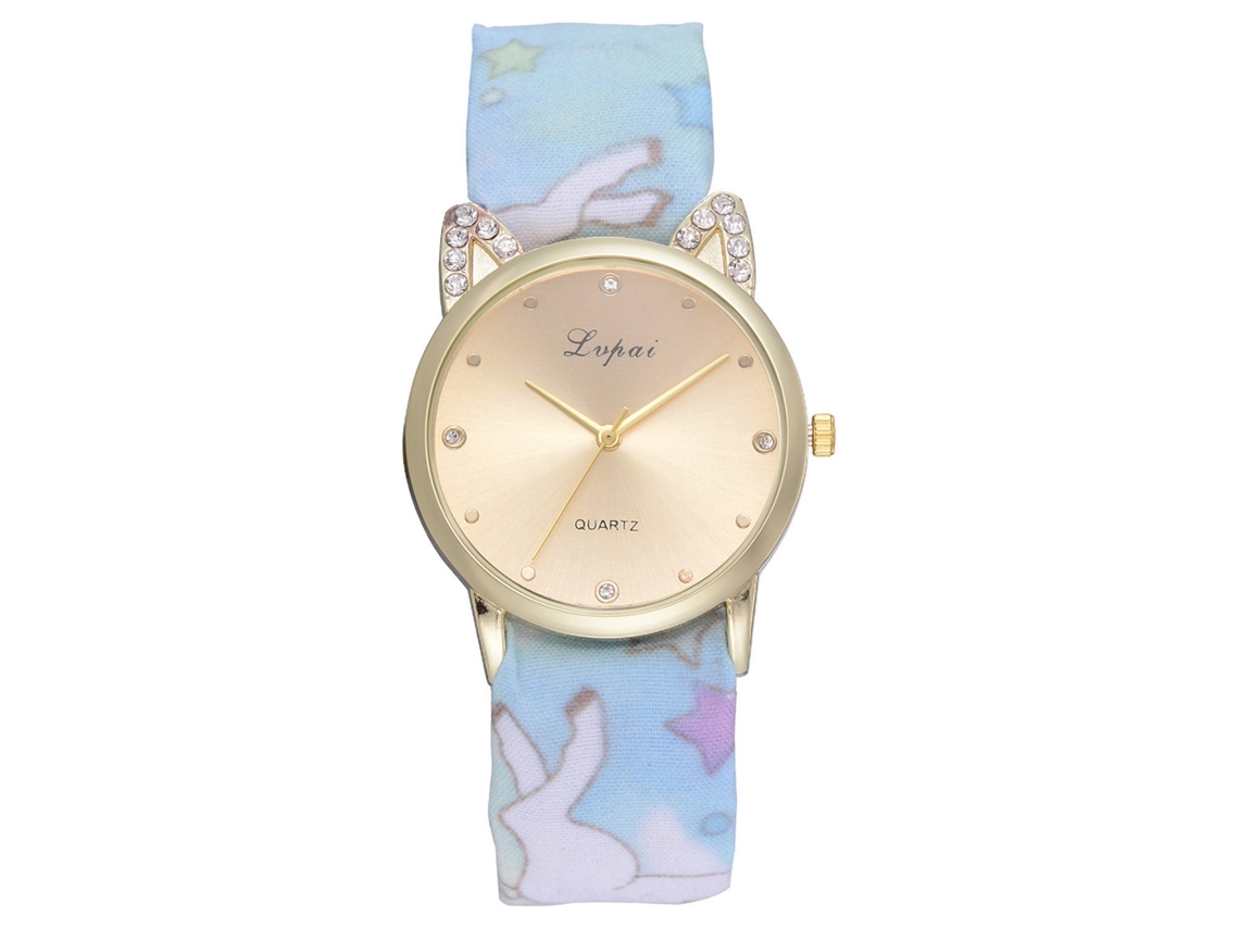 Relógio de Pulso Feminino Lvpai Quartzo Pulseiro de Tecido Casual Celeste Strass Gato