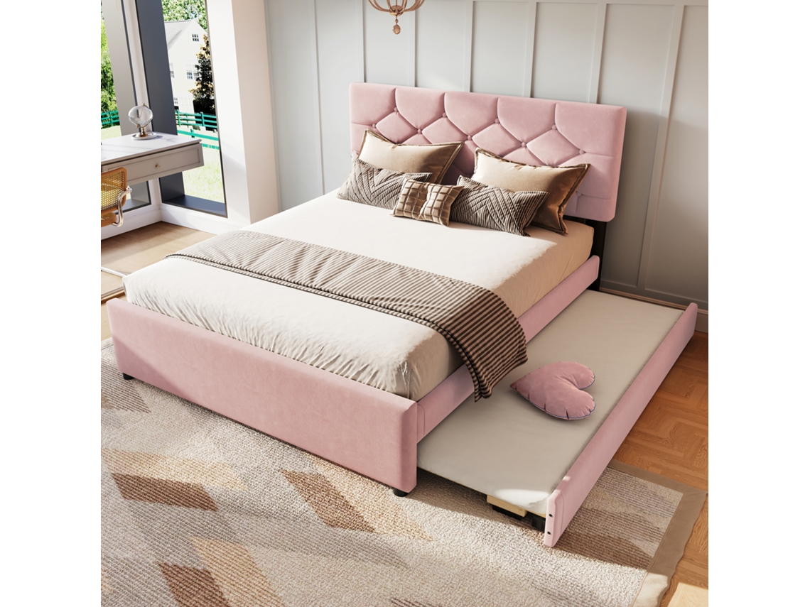 Cama De Casal Estofada De 140x200cm Com Ripas E Recipiente Com Rolos Em Rosa