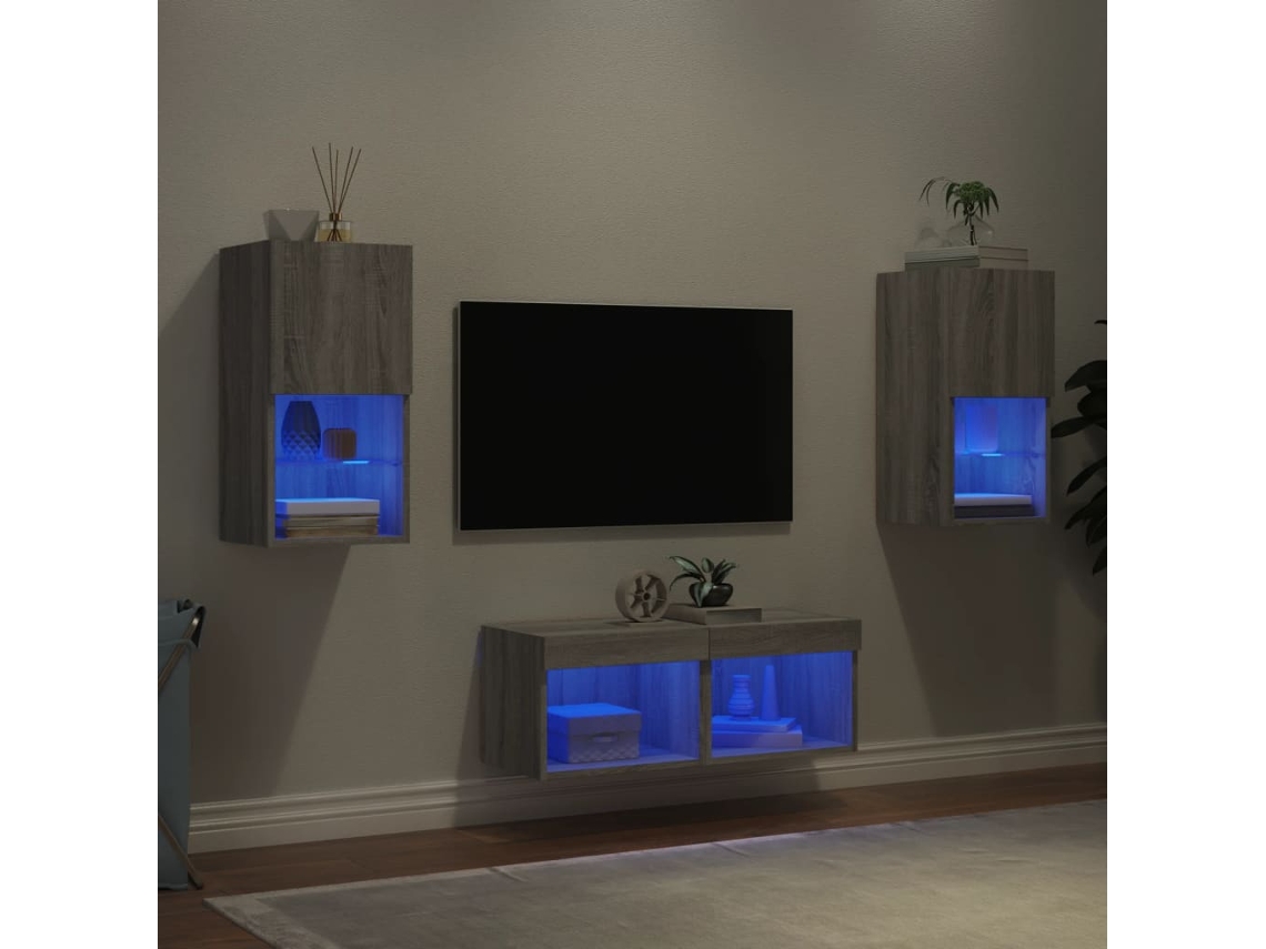Vidaxl 4 Pcs Móveis de Parede para Tv com Luzes Led Cinzento Sonoma