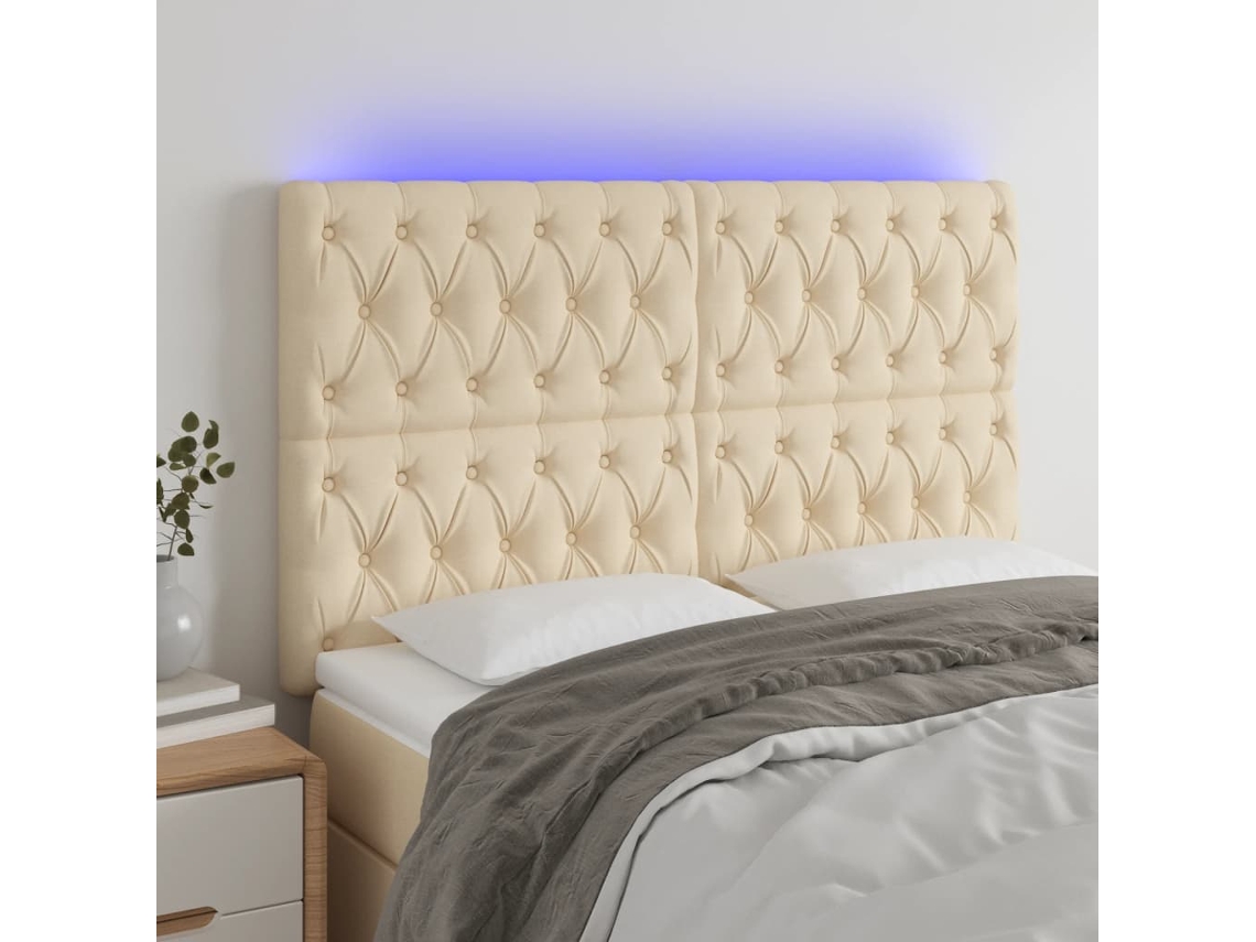 Vidaxl Cabeceira Cama C/ Luzes Led Tecido 144x7x118/128 Cm Cor Creme