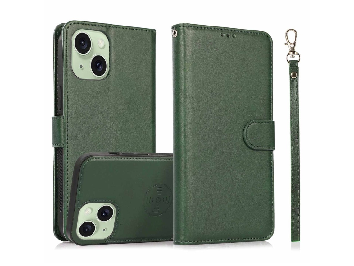 Capa Amovível Para Iphone 15 Plus Pele Sintética Verde
