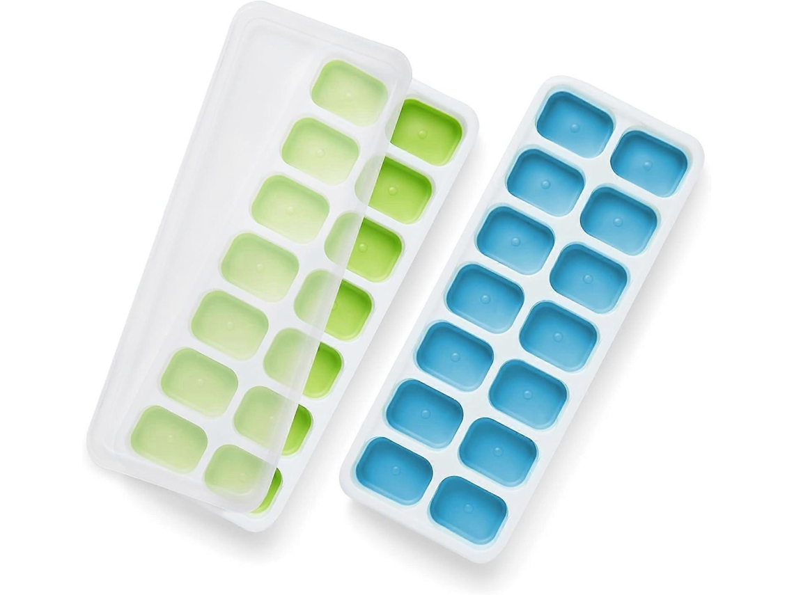 Bandejas para cubos de gelo (pacote com 2), tampas removíveis à prova de derramamento, silicone facilmente removível, seguras para freezer e panela elétrica.