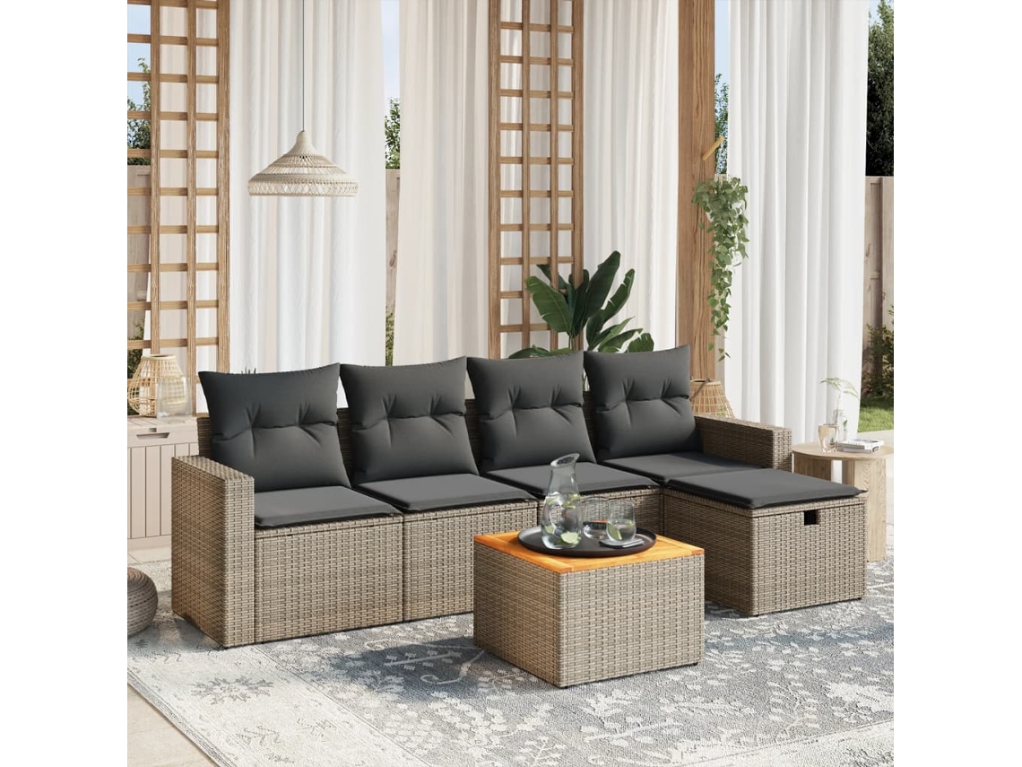 6 Pcs Conjunto de Móveis de Jardim - Conjunto Sofás de Jardim com Almofadões Vime Cinzento HARLANV1