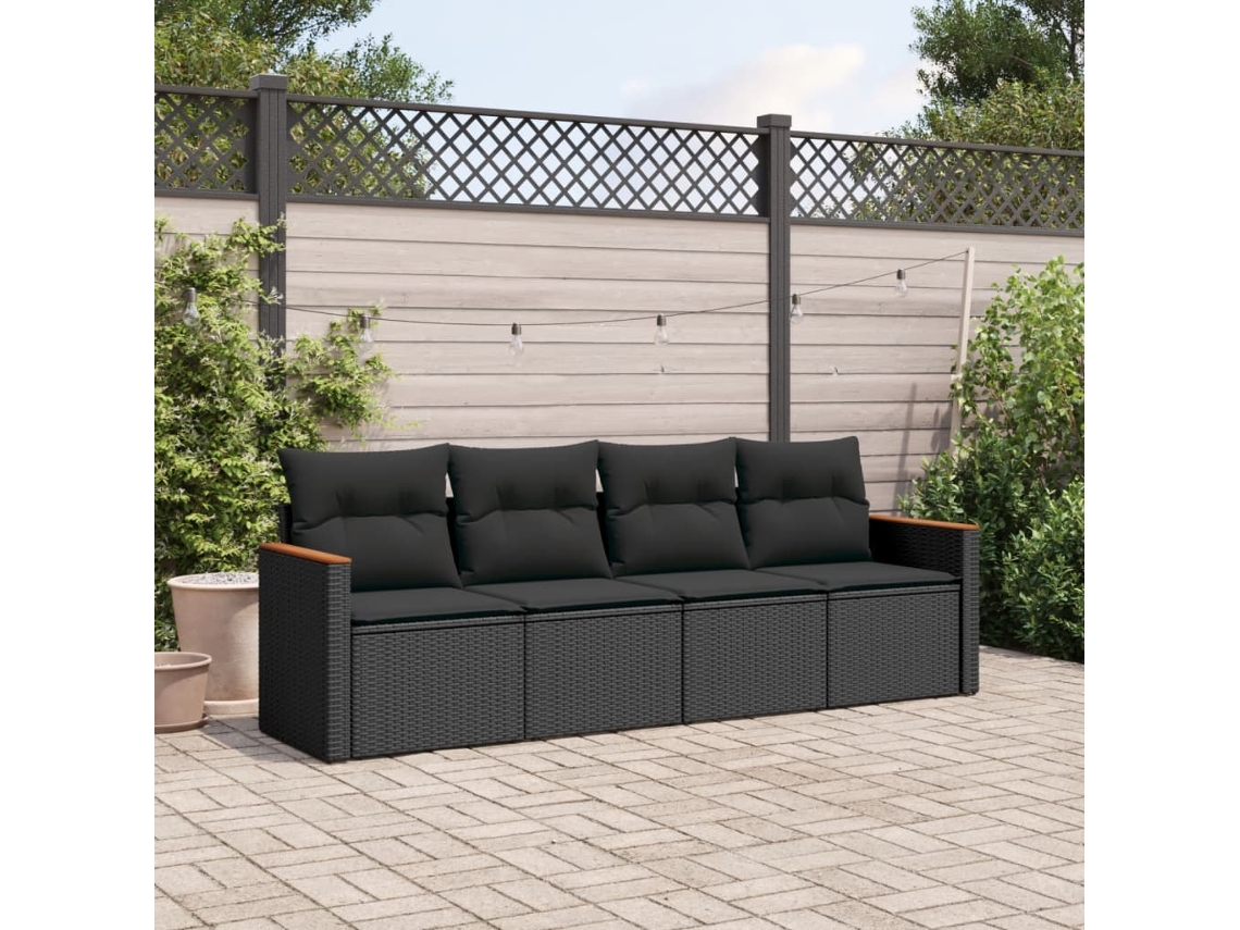 4 Pcs Conjunto De Sofá Para Jardim C/ Almofadões Vime Pe Preto Dkd Home Decor