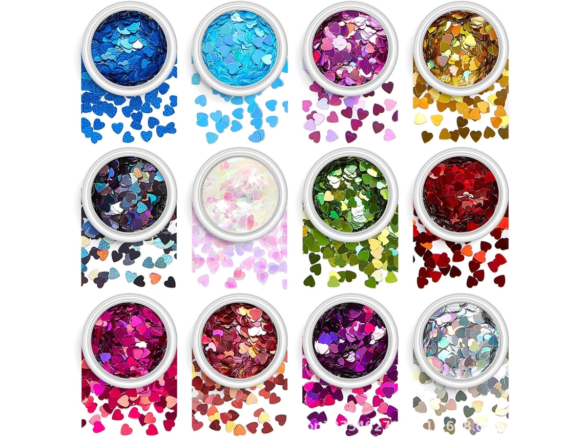 Decoração de unhas em formato de coração com glitter, luz e feita em PET, 12 caixas.