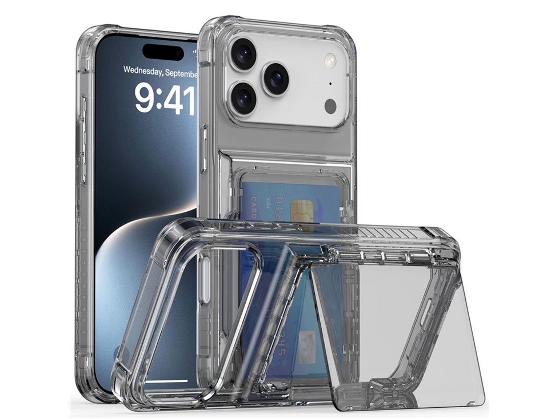 Capa Para Iphone 17 Pro Max Com Suporte Para Cartão - Preto Transparente
