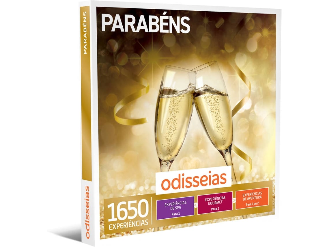 Pack Presente Odisseias - Parabéns | Experiência de Spa, Gourmet ou Aventura | 1 ou 2 pessoas