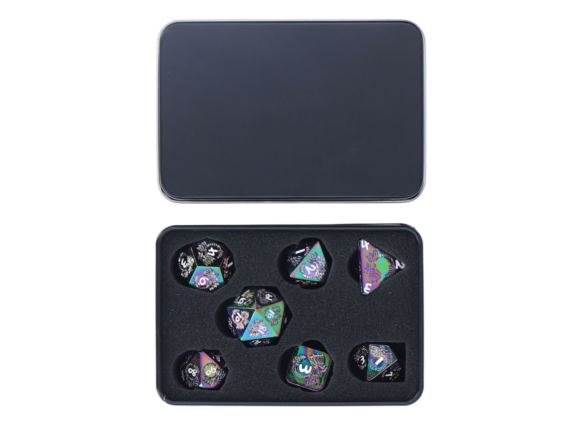 Primerox conjunto de Dados Poliédricos com Números e Runas, 7 Peças em Metal com Caixa de Armazenamento para Jogos de Mesa