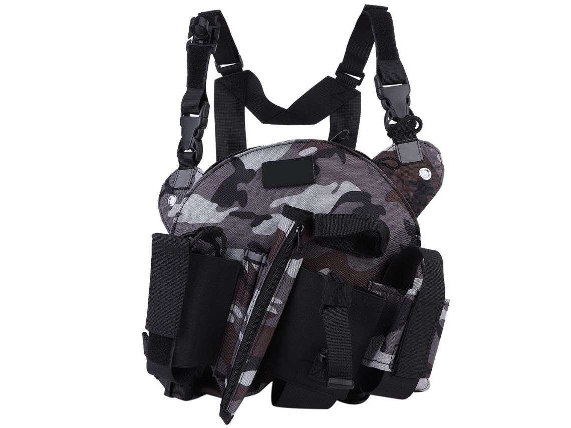 Harness de Rádio com Mochila Peitoral Cinza Camuflado