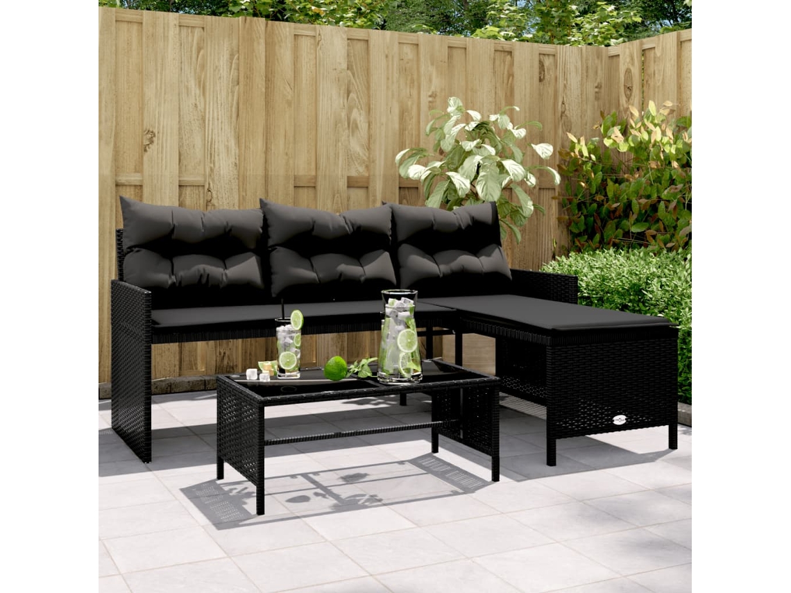 Sofá De Jardim Em Forma De L C/ Mesa E Almofadões Vime Pe Preto Dkd Home Decor