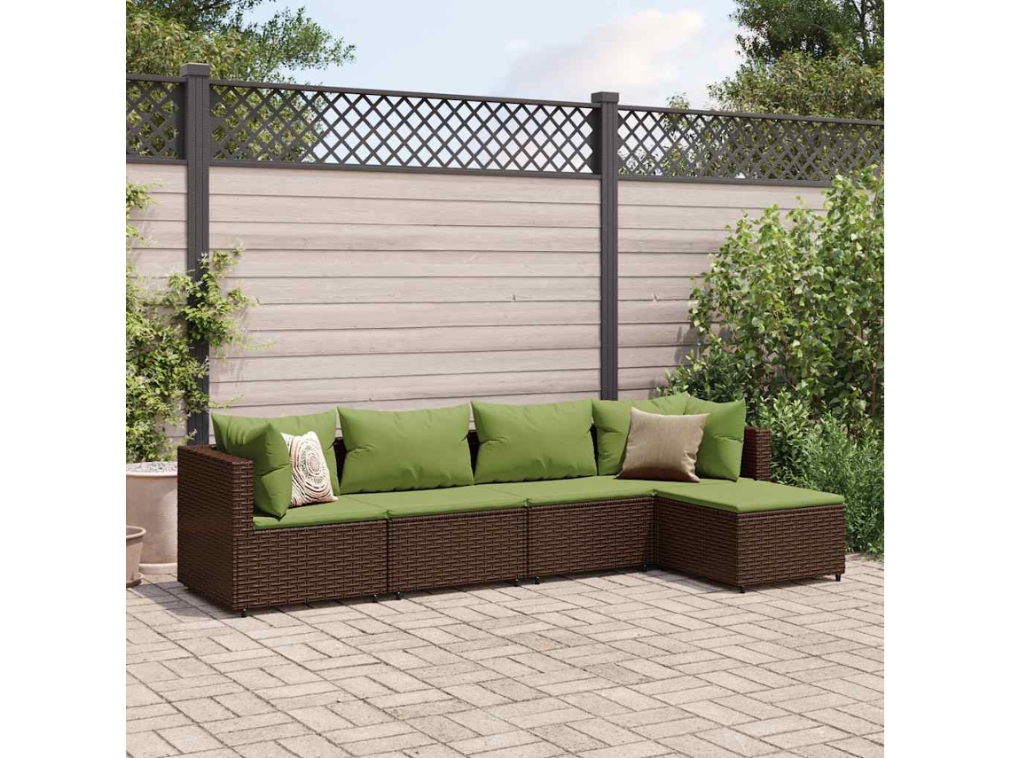 Vidaxl 5 Pcs Conjunto Lounge Jardim C/ Almofadões Vime Pe Castanho