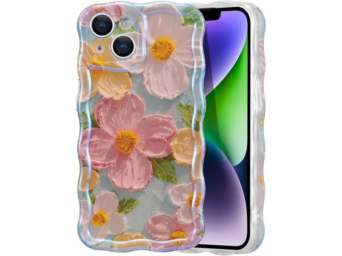 Yuru capa para Iphone 13, Padrão de Pintura a Óleo Retro Colorido com Flores, Laser Brilhante e Borda de Ondas Curlies Fofas