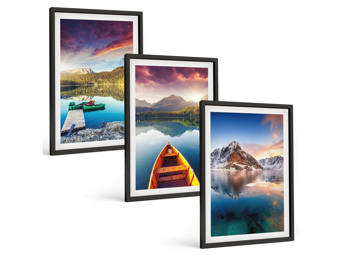 Galeria De Pinturas Murais Lagos, Montanhas, Barco, Paz Moldura Preta Quadros Para O Escritório Espelharte (3 Piezas De 40x60 Cm)