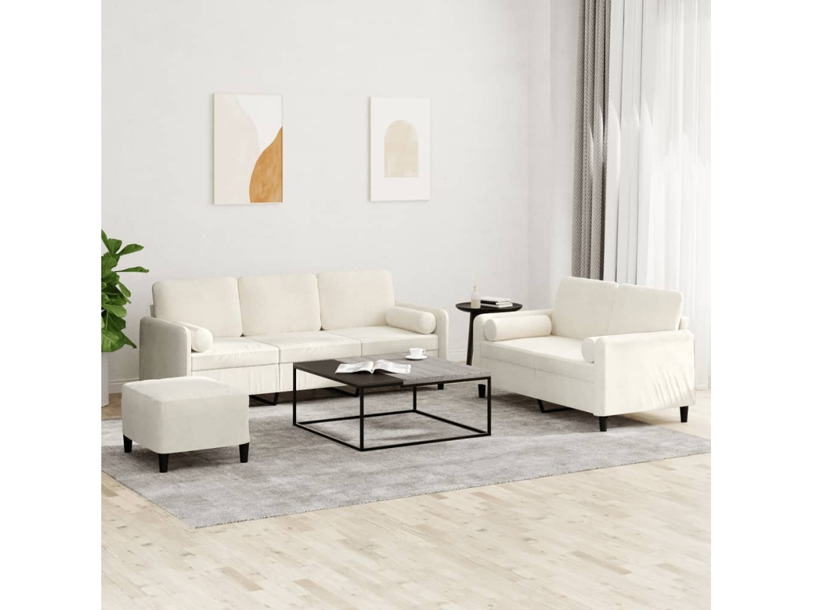 Vidaxl 3 Pcs Conjunto De Sofás Com Almofadas Veludo Cor Creme