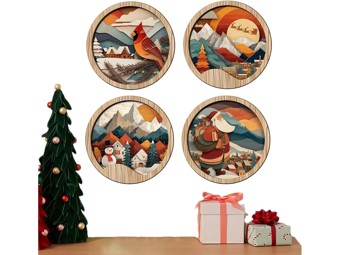 Decoração Parede Banheiro Conjunto 4 Peças Rústica Boêmia Madeira Enfeite Natal Estar Quarto Campo Jardim GOKOCO