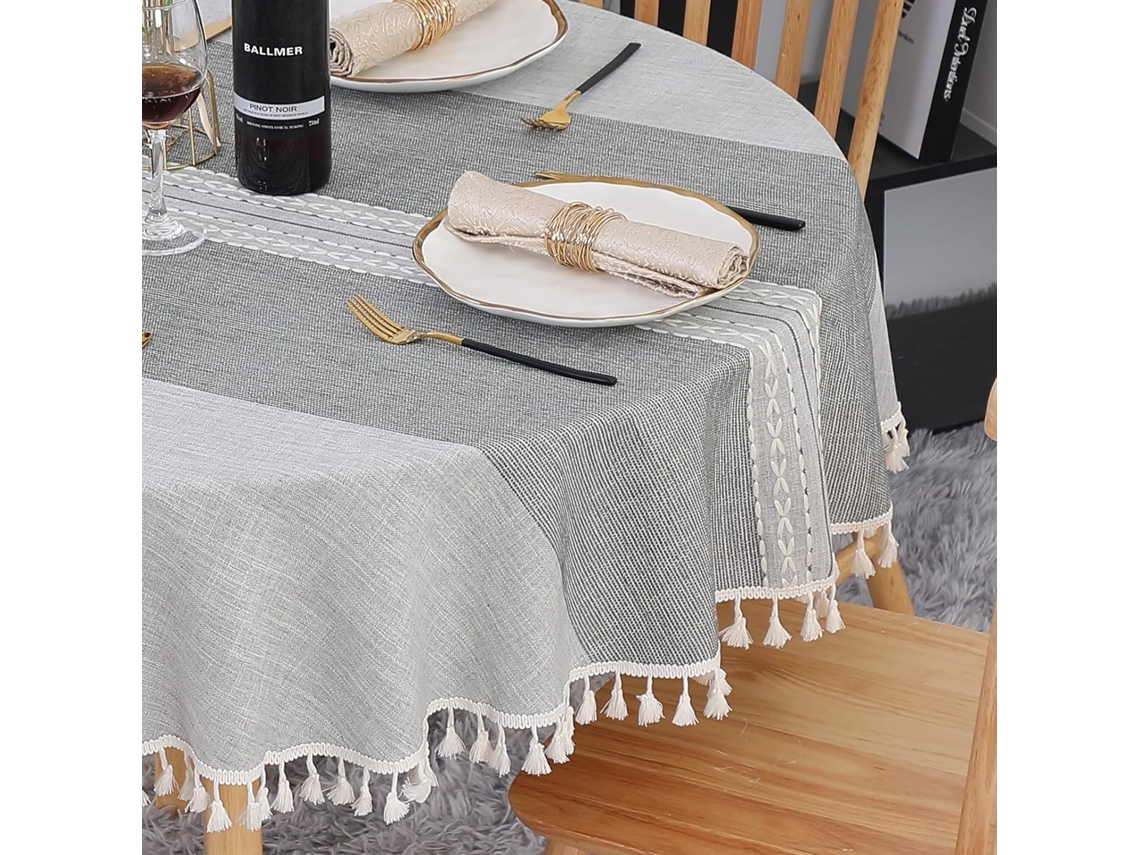 Lurelia Toalha De Mesa Redonda Algodão Linho Cinza 140 Cm Lavável Antimanchas Bordado Borlas