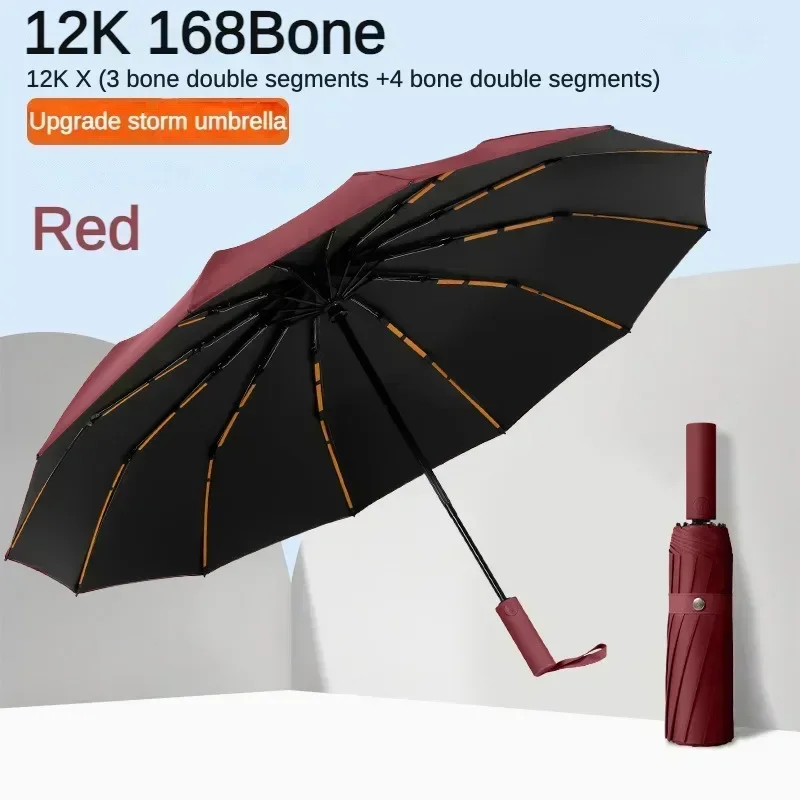 Guarda-chuva Dobrável Automático Reforçado E Resistente Ao Vento (168 Varetas - Vermelho 12k), Proteção Solar Upf50+, Com 168 Varetas.