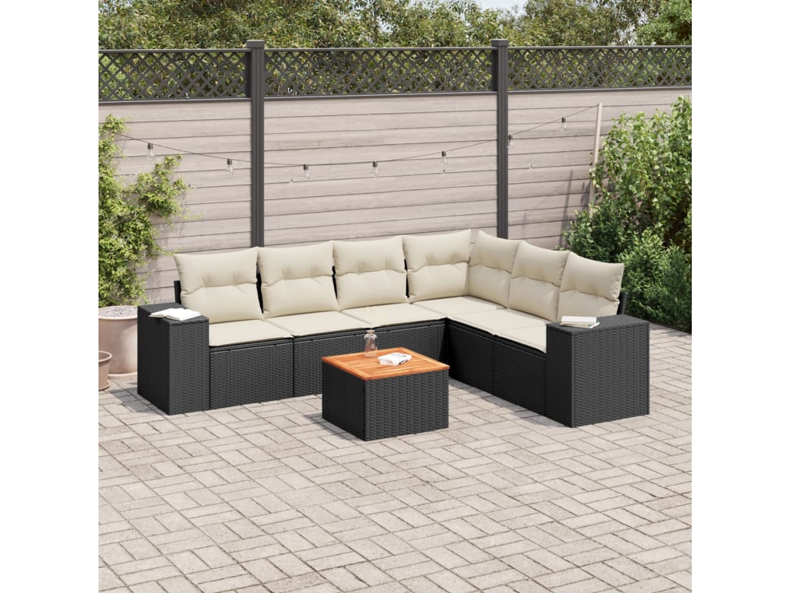 Vidaxl 7 Pcs Conjunto De Sofás P/ Jardim C/ Almofadões Vime Pe Preto