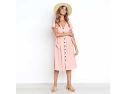 2026 vestido Casual Midi para Mujer com Manga Curta Colarinho em V, Botões e Bolsos Verão A line