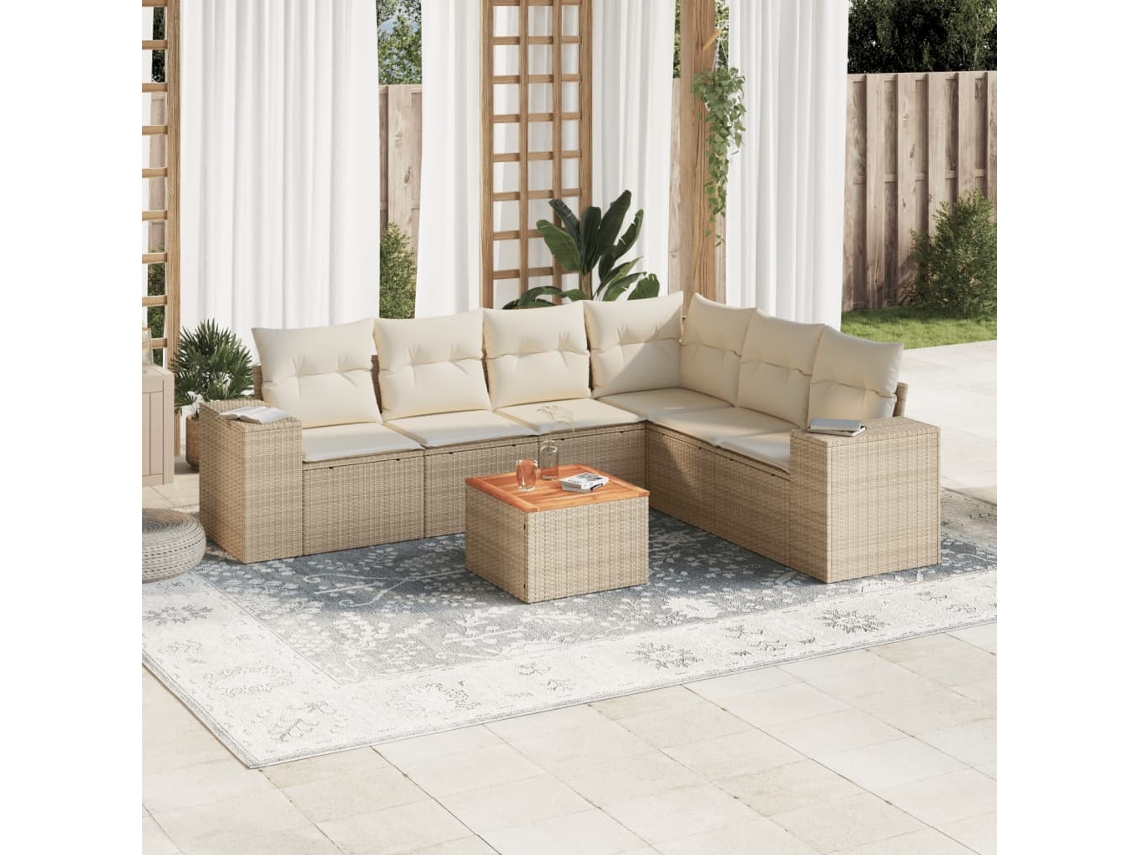 7 Pcs Conjunto De Sofás P/ Jardim Com Almofadões Vime Pe Bege Dkd Home Decor