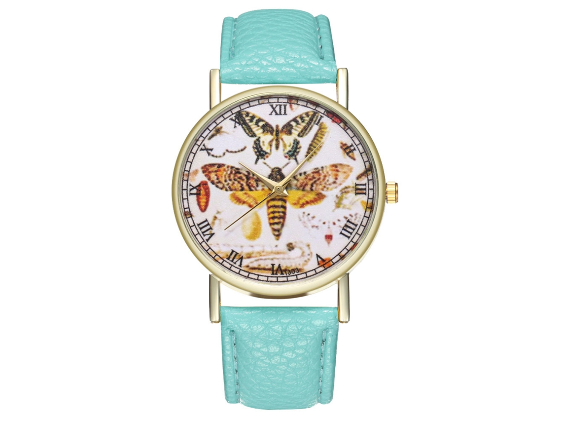 Relógio de pulso feminino Zhoulianfa T303-a com mecanismo de quartzo e pulseira de couro, modelo Butterfly Mint.