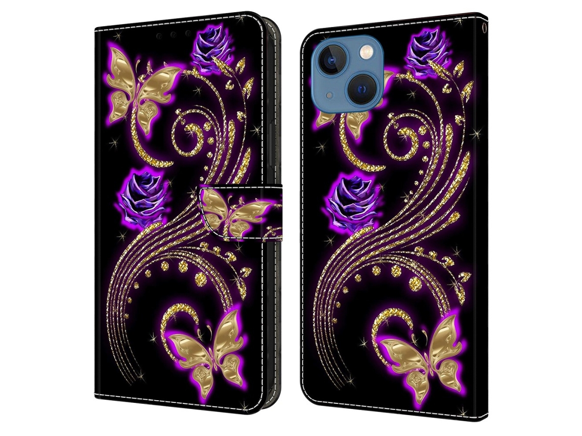 Capa Flores Borboletas Roxas Para Iphone 15 Pele Sintética